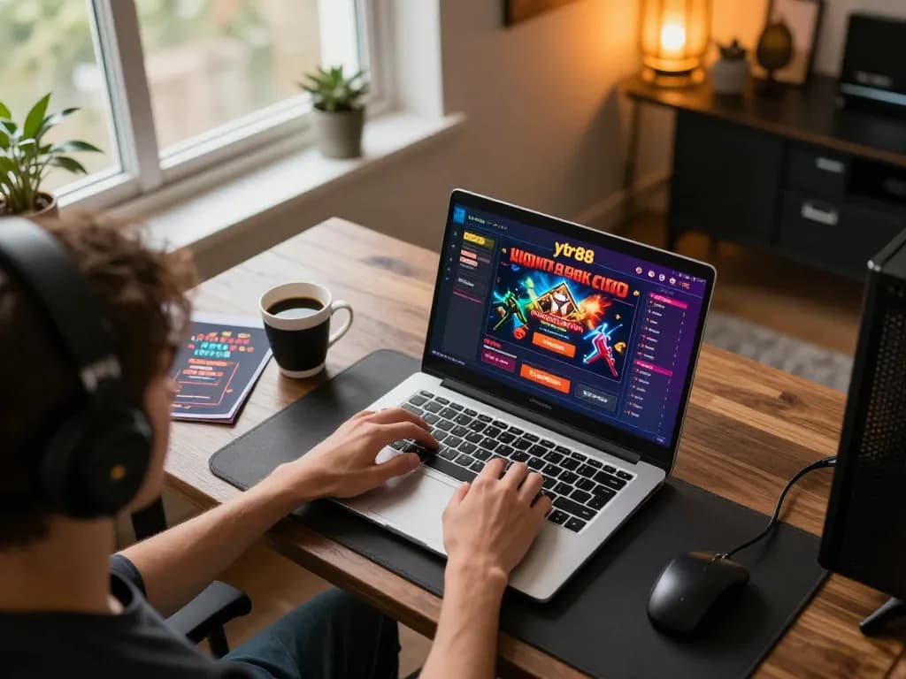 Engaging in online gaming on ytr88 with a laptop and notes in a cozy home setting.