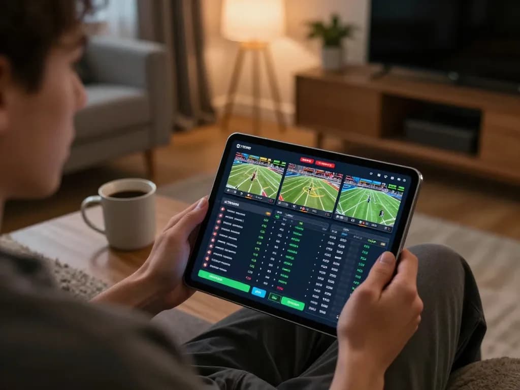 Player strategizing sports bets using sg777 app on tablet in a cozy home setting