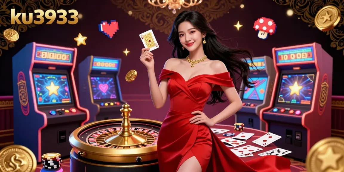 Engage with ku3933 as a confident Asian woman showcases her skills at the golden roulette wheel surrounded by lively casino elements.
