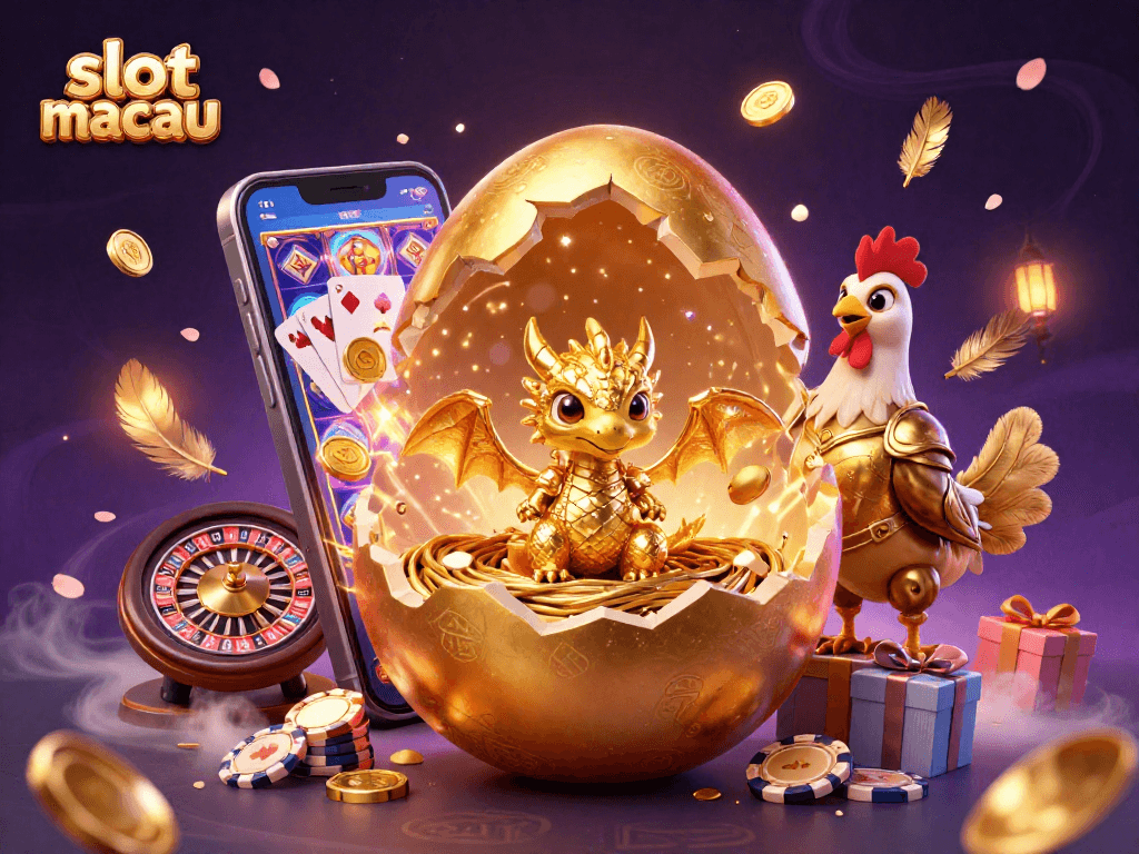 Experience the excitement of slot macau with golden dragons, thrilling slot reels, and dynamic casino elements.