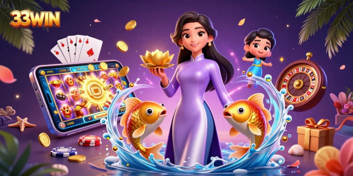 Engage in gaming action with 33WIN as an Asian woman holds a golden lotus amidst thrilling casino elements.