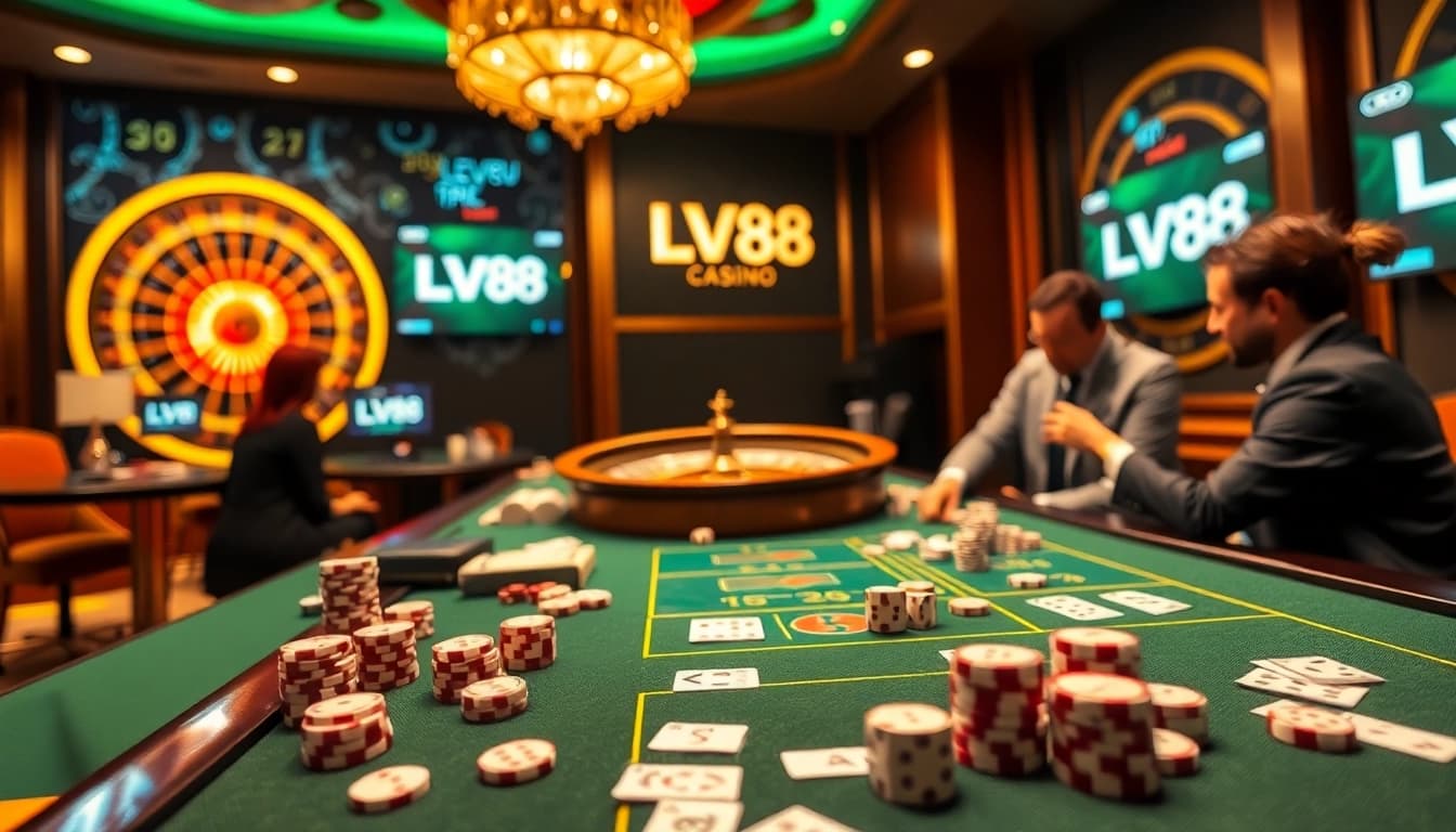 Exciting LV88 casino experience with poker chips and a roulette wheel in a luxurious setting.