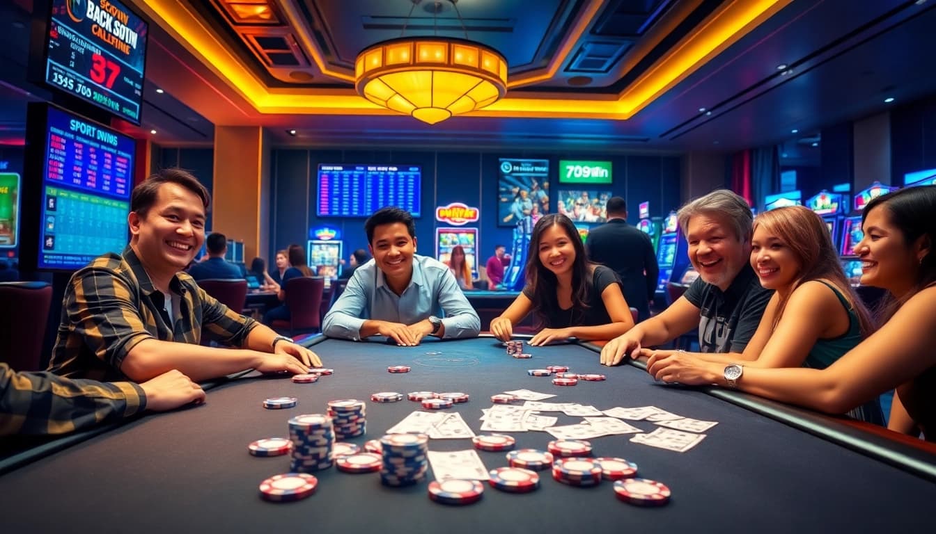 A bustling online gambling scene at 789win showcasing poker tables, sports betting, and vibrant slot machines.