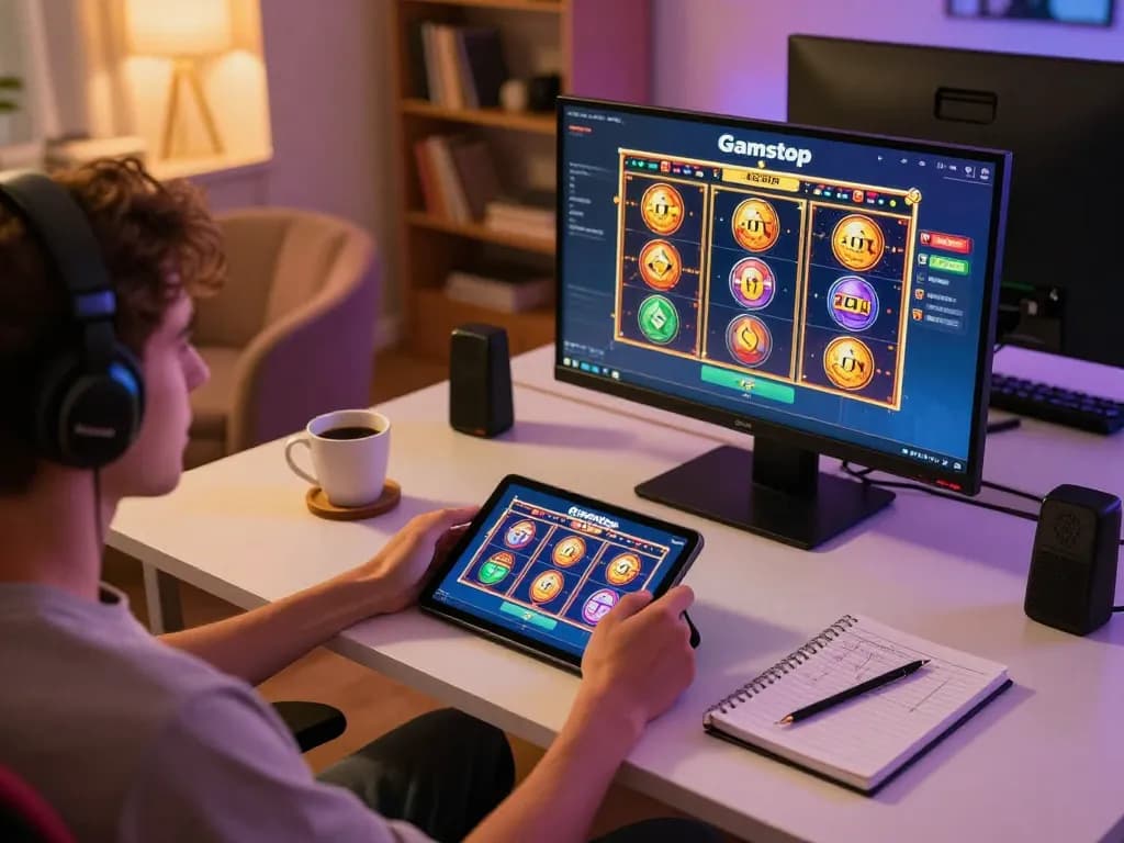 Player enjoying slots not on gamstop on a tablet, showcasing engaging gameplay in a cozy home environment