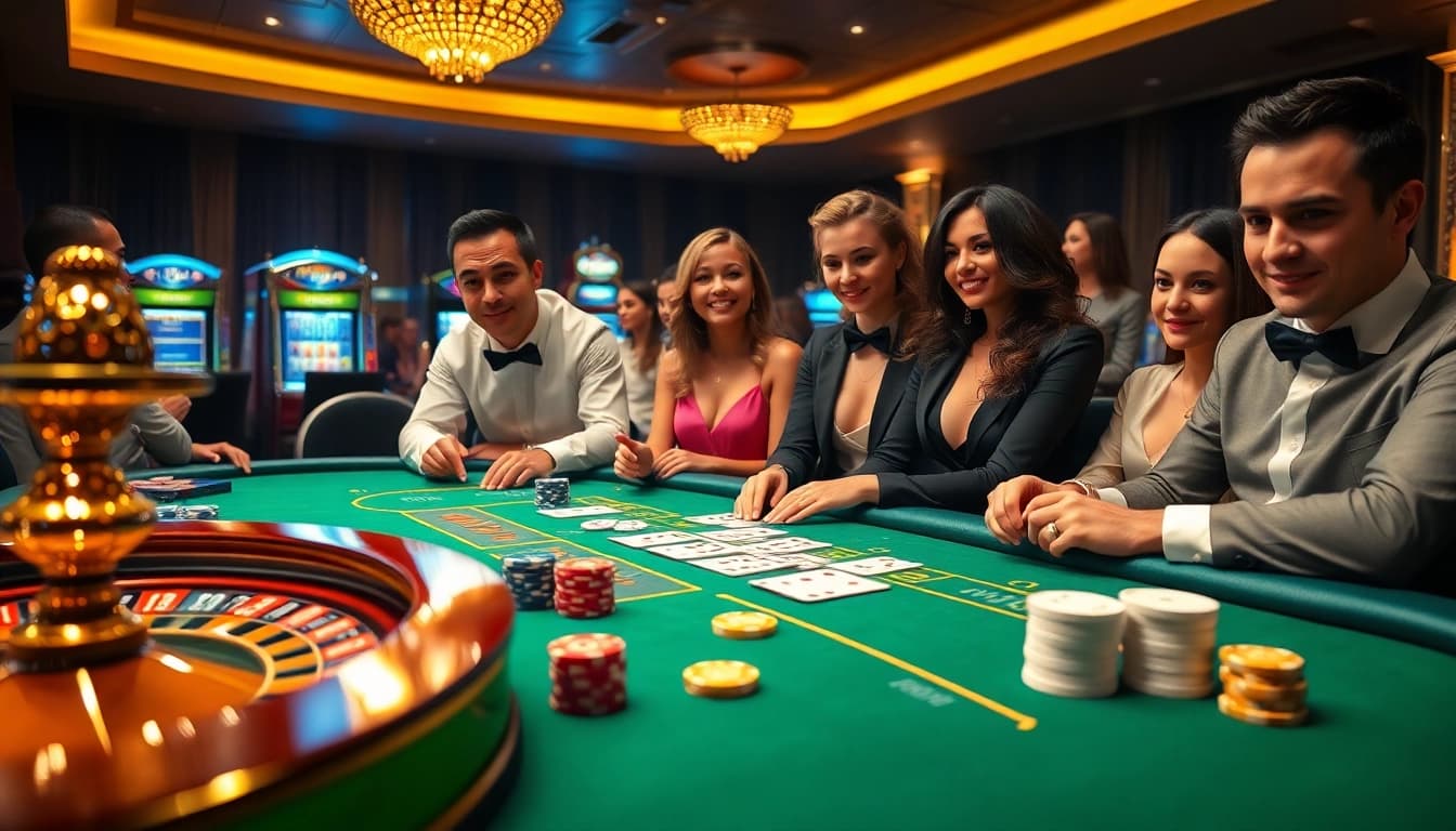 Exciting scene of players at a luxurious casino table showcasing Ketquaxoso with poker chips and cards.