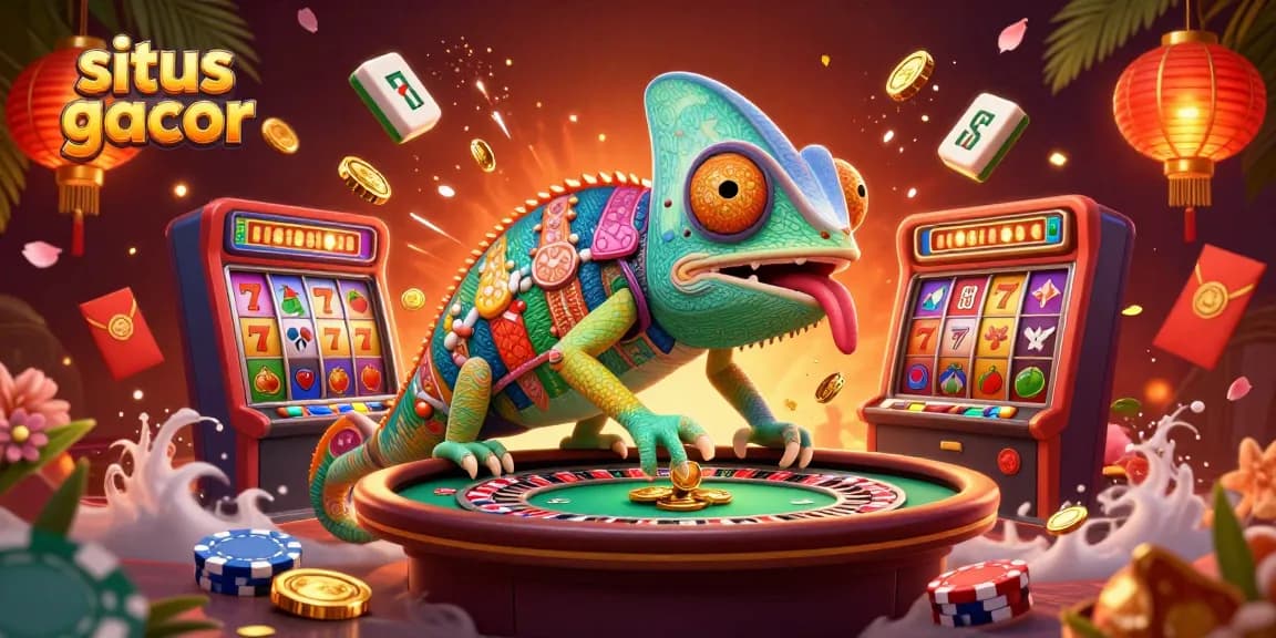 Engage with situs gacor featuring a colorful chameleon casino owner in a vibrant gambling scene.
