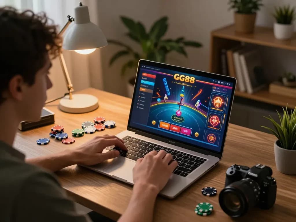 Online gaming experience at GG88 casino with player engaged at laptop in cozy home setting.