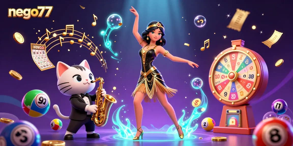 Nego77 captivates players with a vibrant scene featuring a dancing flapper and a saxophone-playing cat amidst lottery excitement.