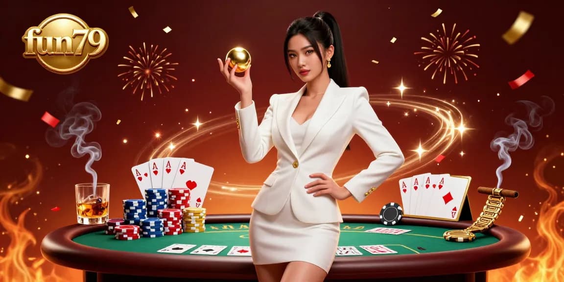 Experience thrilling gameplay at fun79 featuring a stunning Asian woman in a casino scene with poker chips and confetti.