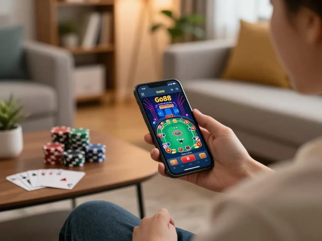 Engaging gameplay on the Go88 app showcasing poker action in a cozy home setting.