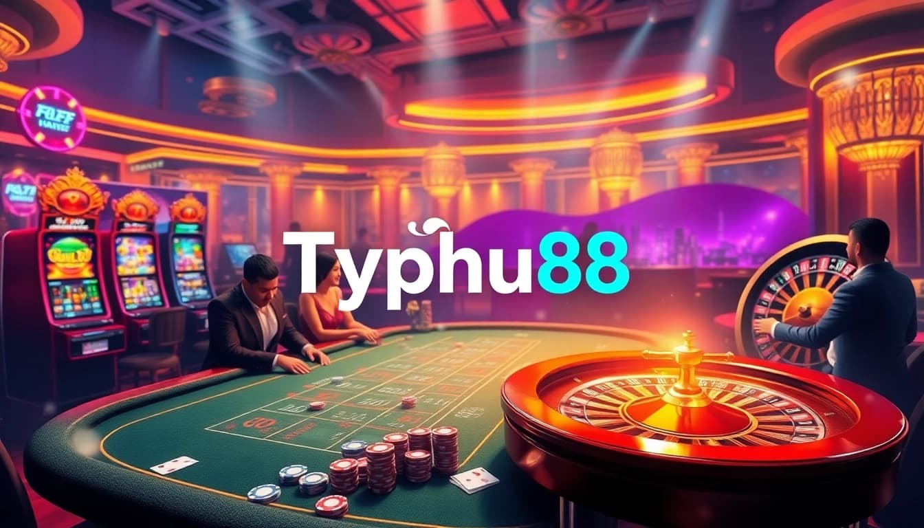 Gamble and win at Typhu88 with vibrant casino visuals of poker, slots, and roulette.