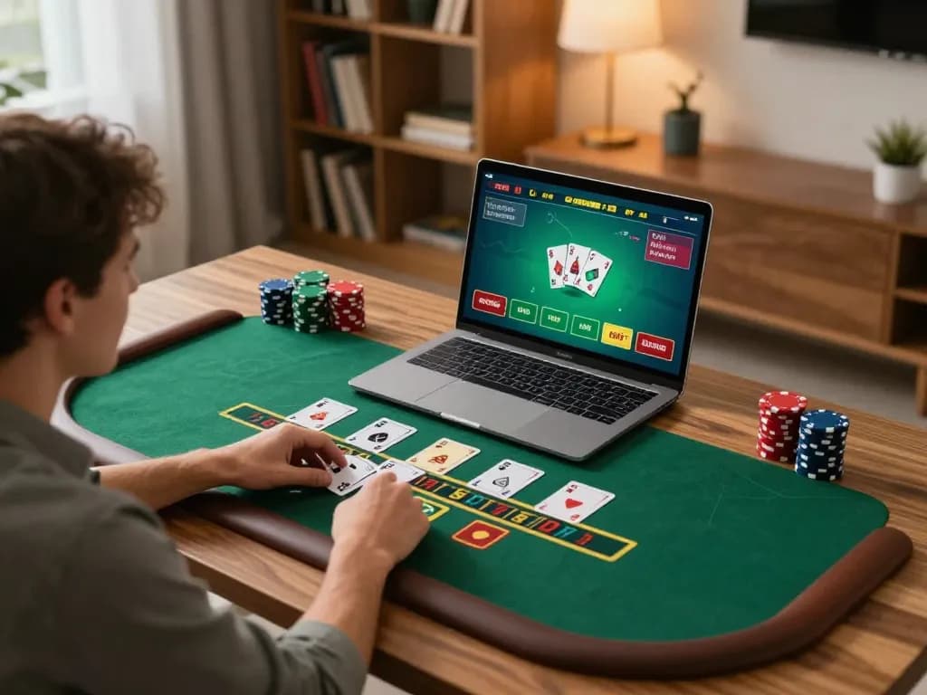 Player engaging in an exciting online blackjack game at nk88 from home, with vibrant game interface displayed.