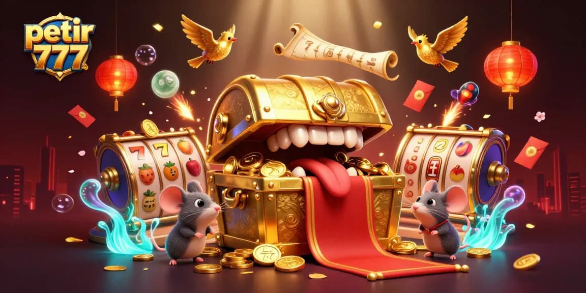 Experience petir 777's thrilling games with a richly illustrated treasure chest and vibrant casino elements.