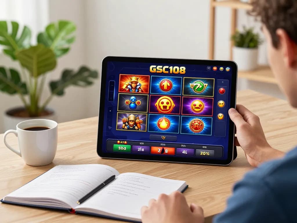 Playing Gsc108 slots on tablet in a stylish home office for exciting online gaming entertainment.