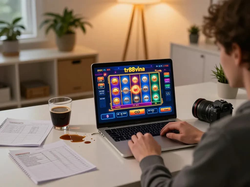 Player engaging with online slots on tr88vina while contemplating strategy in a cozy home office.