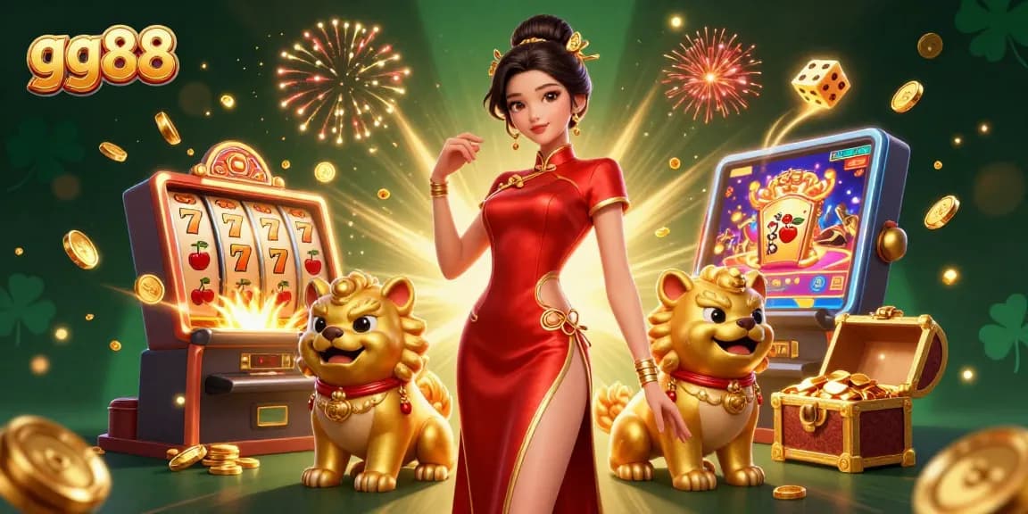 Experience exciting gaming at GG88 with a glamorous Asian woman and golden foo dog guardians under a jackpot explosion