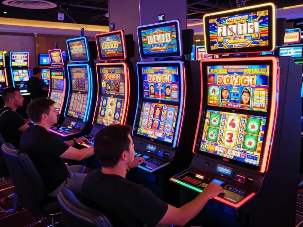 Players engaging with colorful link slot machines in a lively casino atmosphere