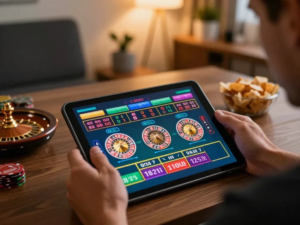 IDNSCORE player enjoying an intense online roulette game on tablet in a cozy home office setting
