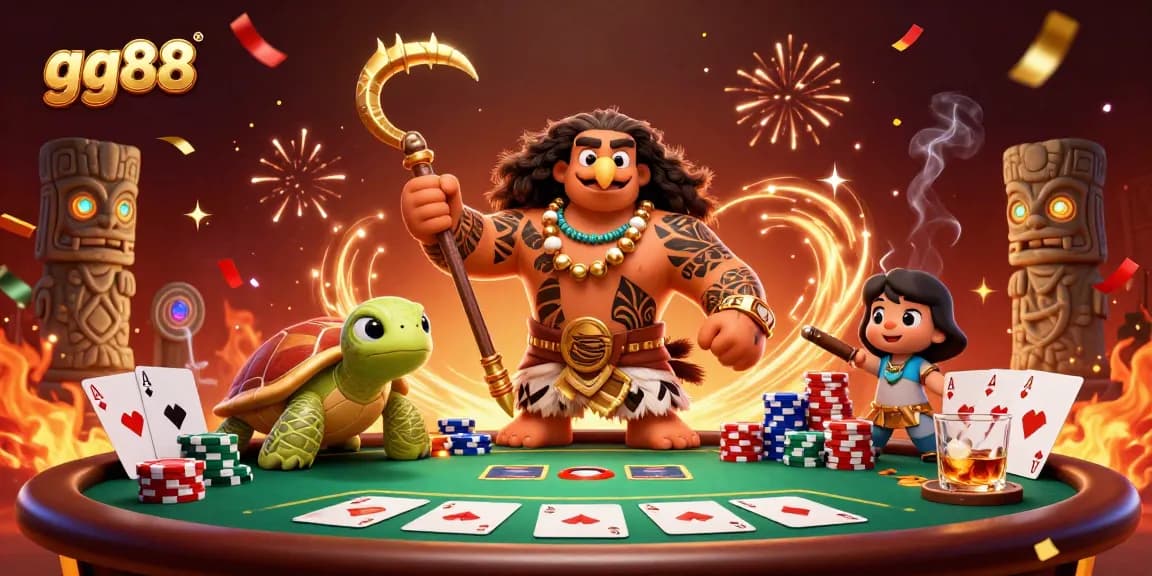 Engage with gg88 in a vibrant 3D illustration featuring lively casino elements and characters.