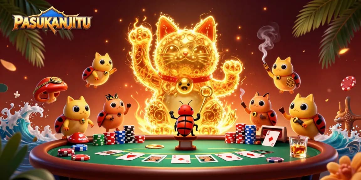 PASUKANJITU showcases a vibrant 3D illustration of a lucky cat and gambling symbols, enhancing casino excitement.