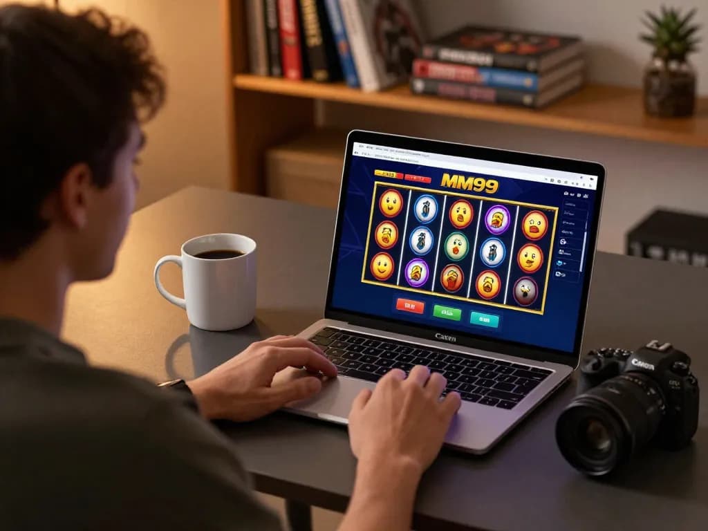 Engaging player enjoying MM99 Slot game on laptop with vibrant reels spinning.