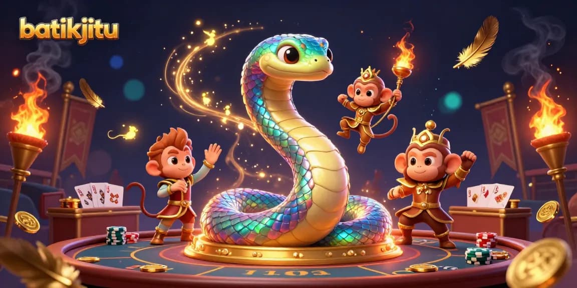 Bermain game judi online yang seru dengan batikjitu, melihat naga pelangi berkilau di latar yang megah.