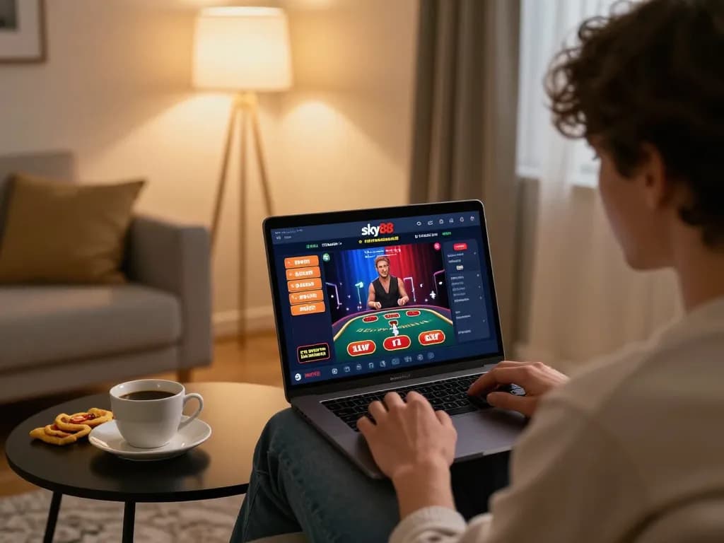 Engaging in online gaming with sky88, showcasing a cozy home setup and live dealer experience