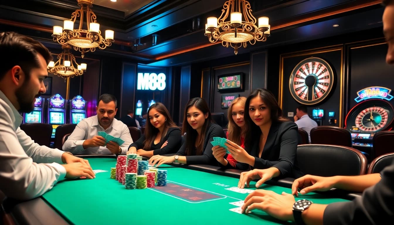 High-stakes poker action at M88 casino, featuring intense players and vibrant casino elements.