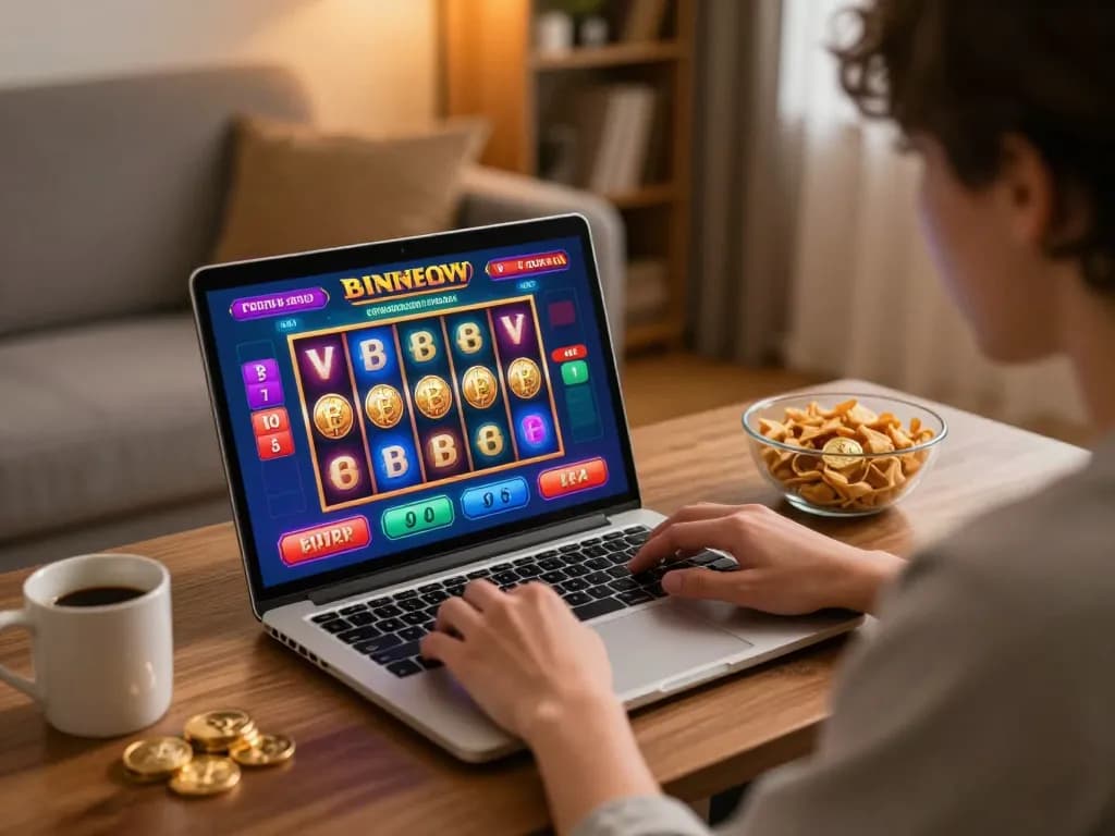 Engaging scene at a crypto gambling site with player focused on spinning slot reels during a cozy gaming session.