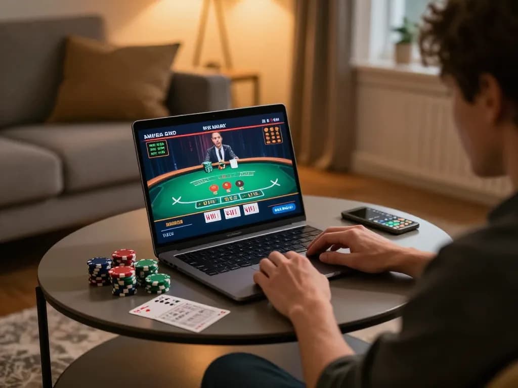 Engaging in online casinos in Canada with a laptop and chips at home, showcasing responsible gaming.
