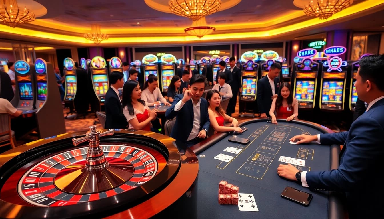 M88 casino players engaged in an exciting game of roulette and blackjack amid vibrant slot machines.
