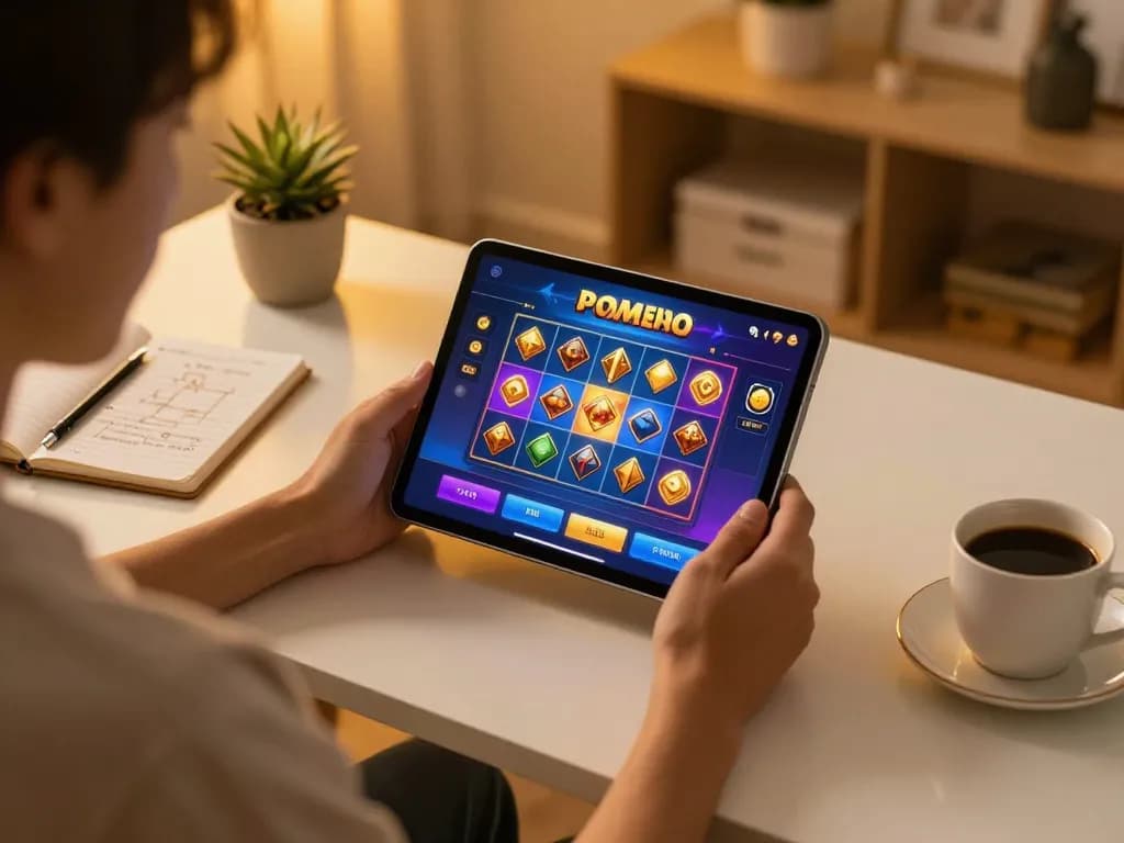 Engaging Slot Demo gameplay on a tablet with strategic notes and warm ambiance