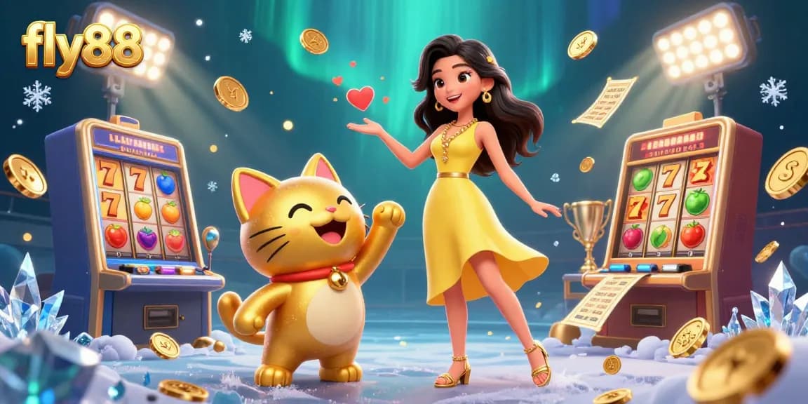 Engage with fly88 in a vibrant casino scene featuring a joyful Asian woman, lucky cat, and colorful slot elements.