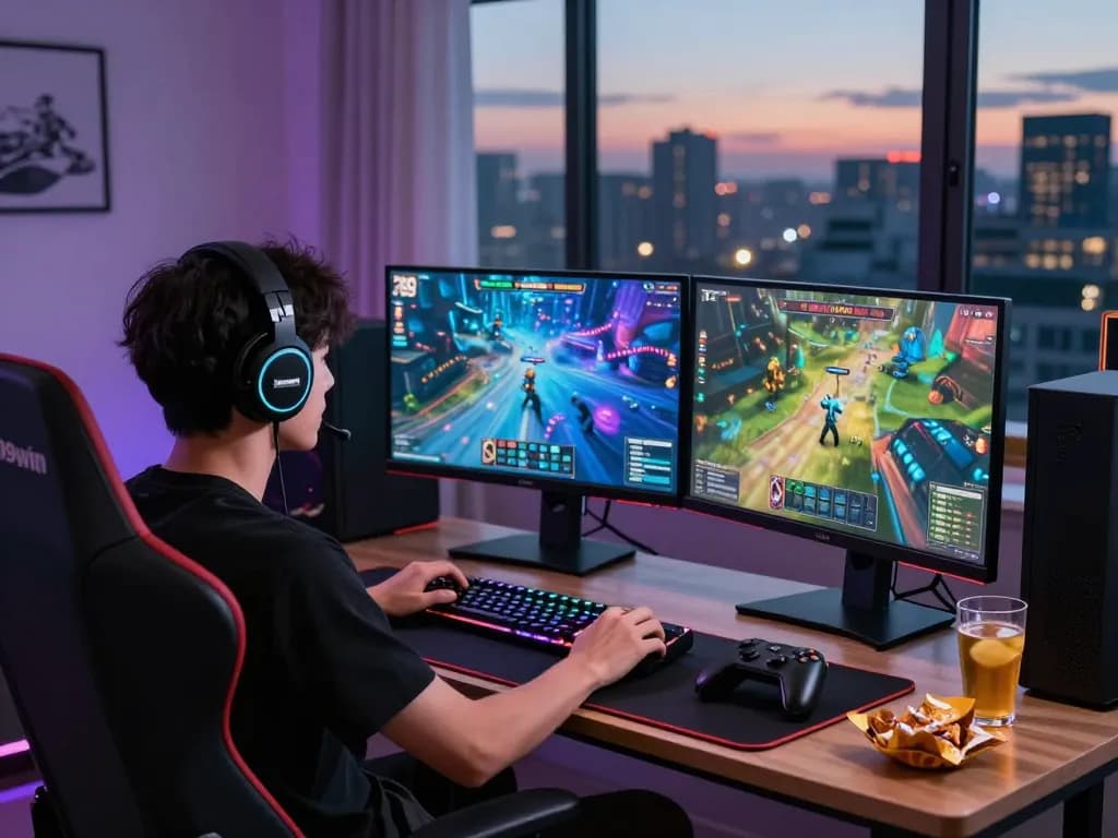 Immerse in the excitement of 789win online gaming with a focused player at their vibrant gaming setup.