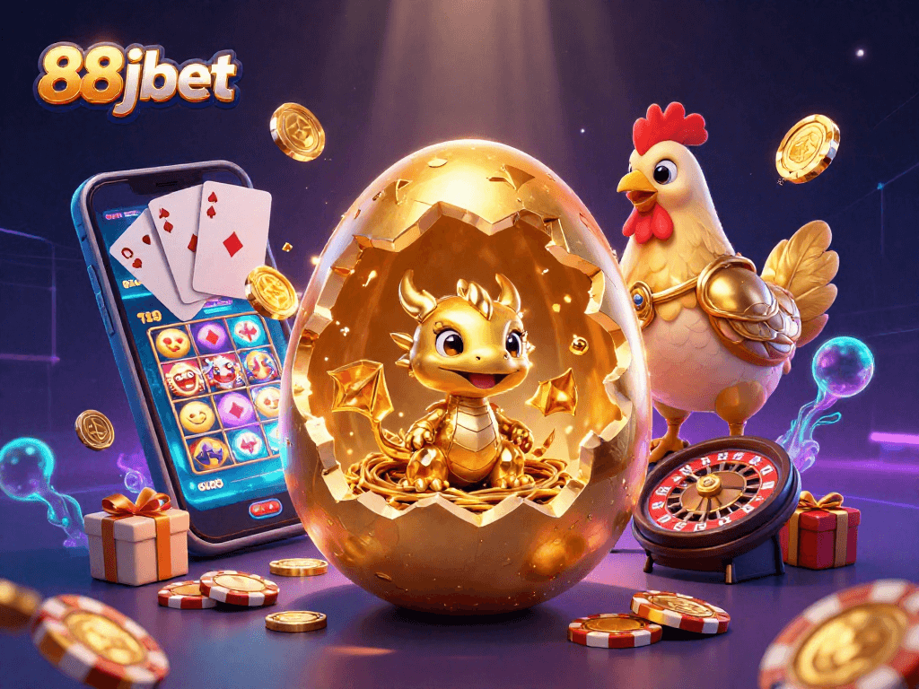 Spin to win with 88jbet as the golden dragon emerges from riches in a lively casino scene.
