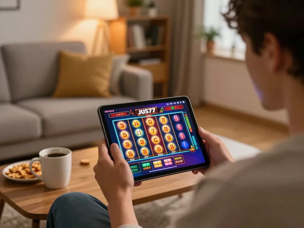 Engaging online gaming experience on jus77 showcasing colorful slot reels in cozy home.
