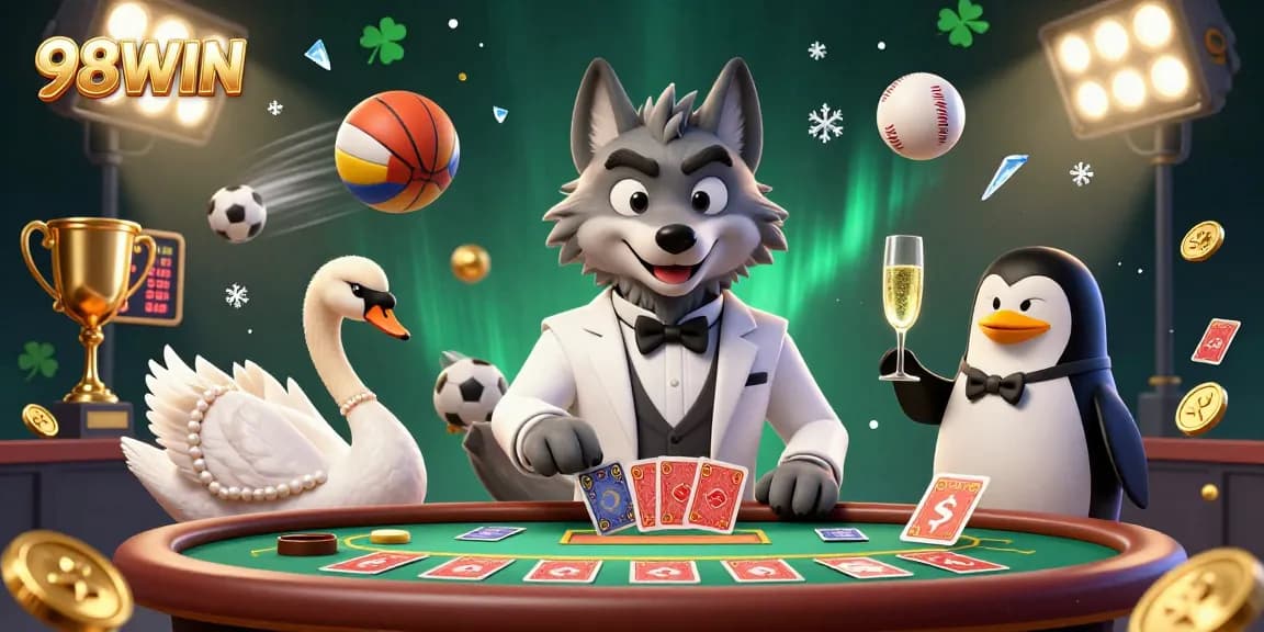 Experience the thrill of online gaming at 98WIN with a lively casino scene featuring vibrant characters and dynamic elements.