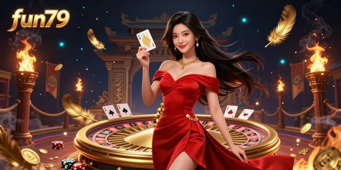 Experience the thrill at fun79 with an elegant young woman and golden roulette wheel in a vibrant casino scene.