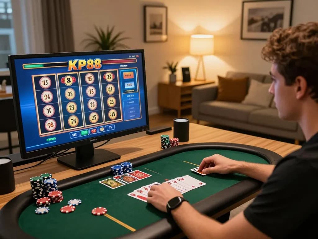 Player engaging with the KP88 online casino, focusing on slots and strategy, creating an entertaining environment.