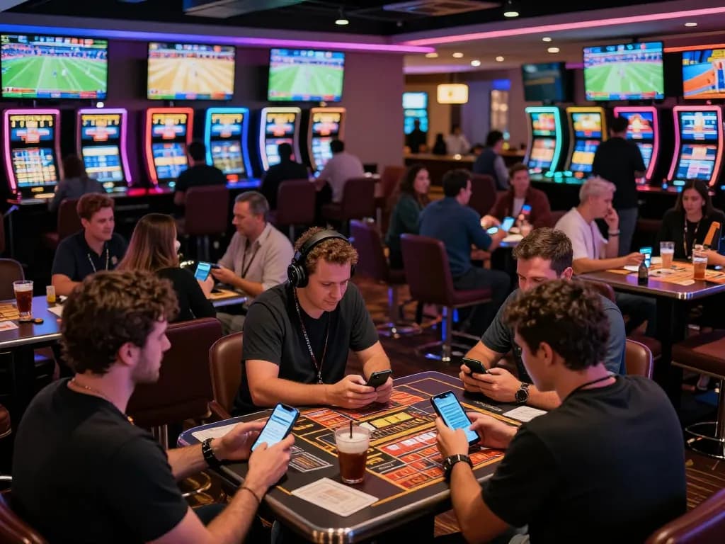 Mpoid: Excited patrons placing bets in a modern sports betting lounge with live game displays
