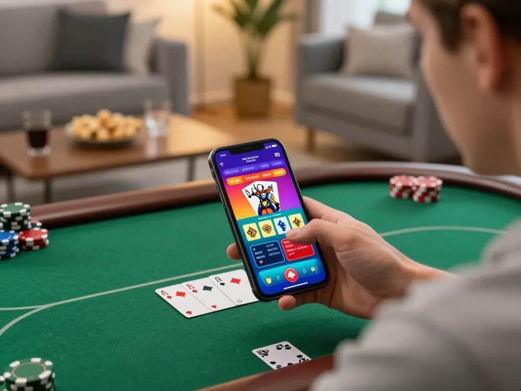 MM88 player engaging with mobile poker app in a cozy home setting