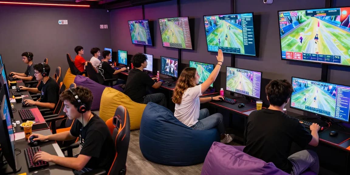 Hitclub gaming lounge with players competing, LED screens showing tournaments, vibrant atmosphere.