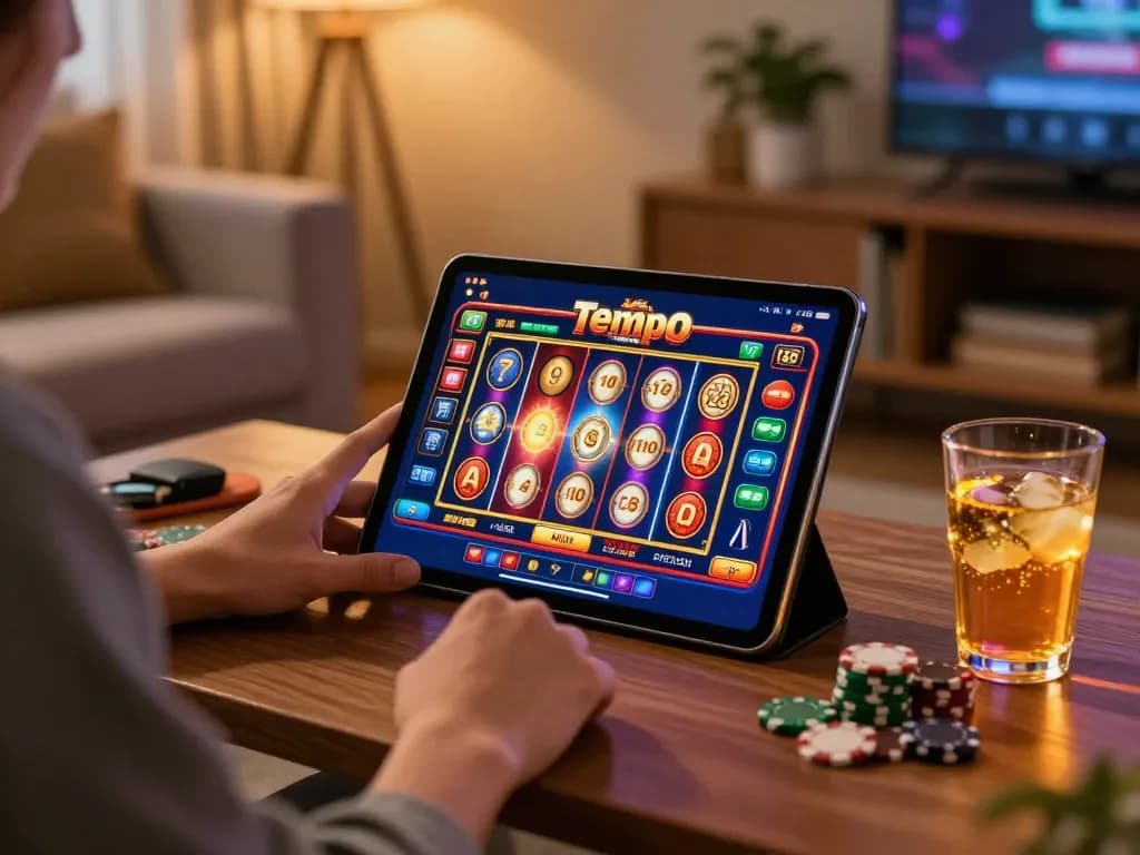 Menikmati permainan slot Tempo 123 di tablet, menerangi suasana permainan rumah yang ceria.