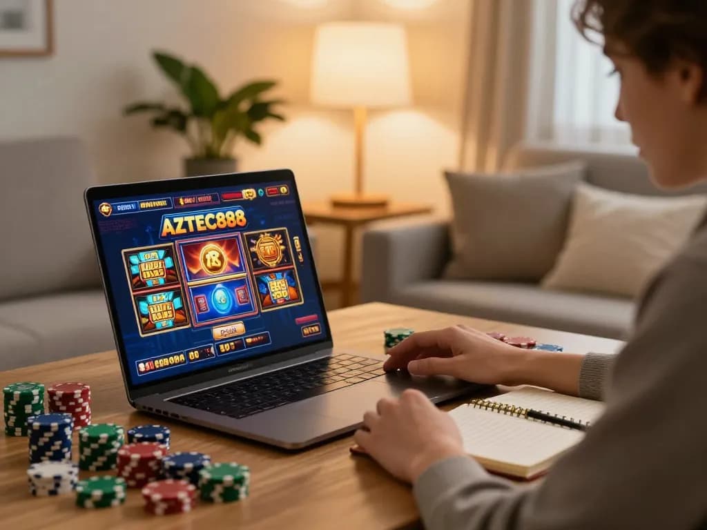Player enjoying AZTEC888 slots on a laptop in a cozy home setting, enhancing online gaming experience.