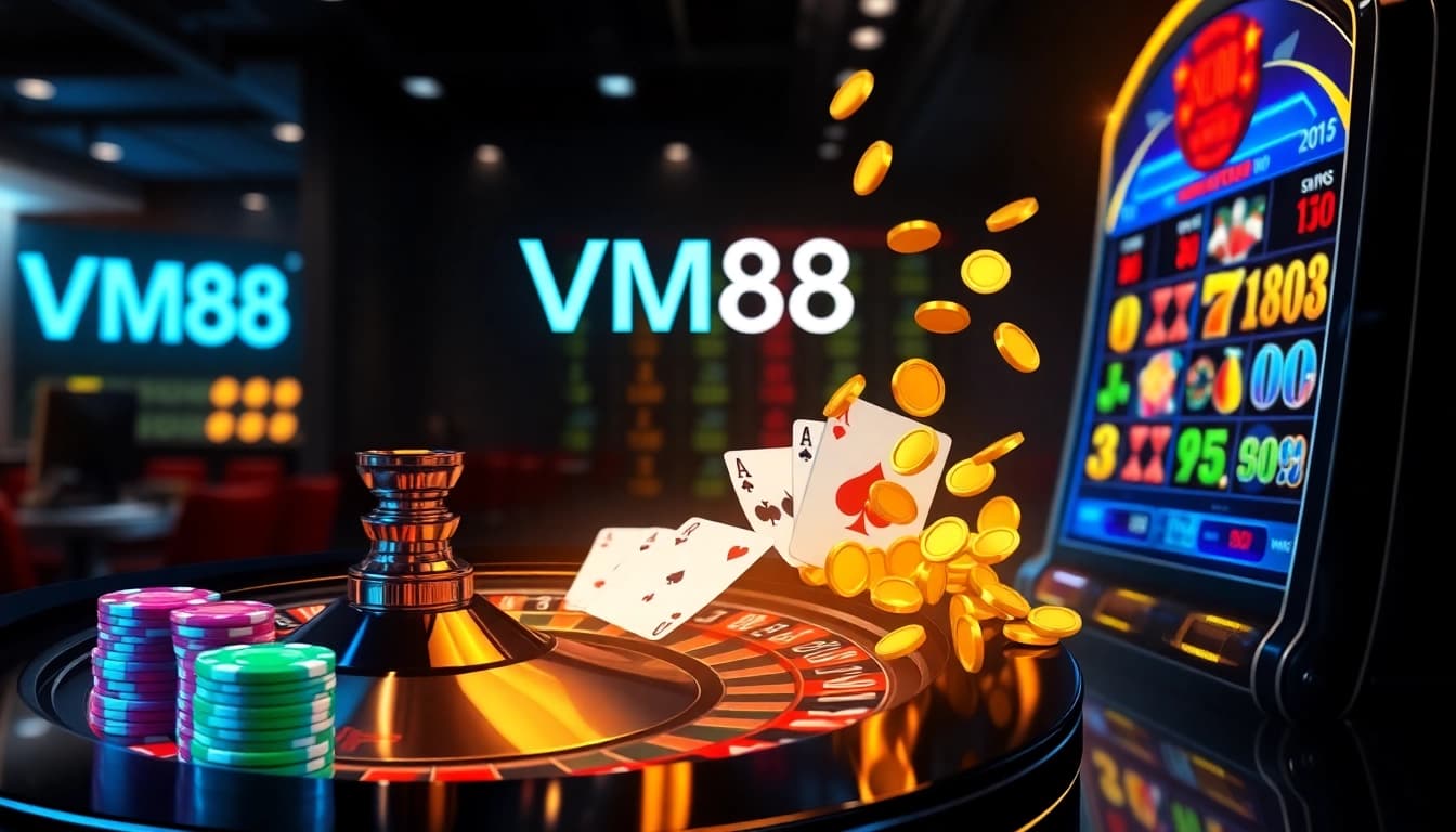 VM88 online casino interface displaying spinning roulette wheel and strategic poker chips in vibrant modern design