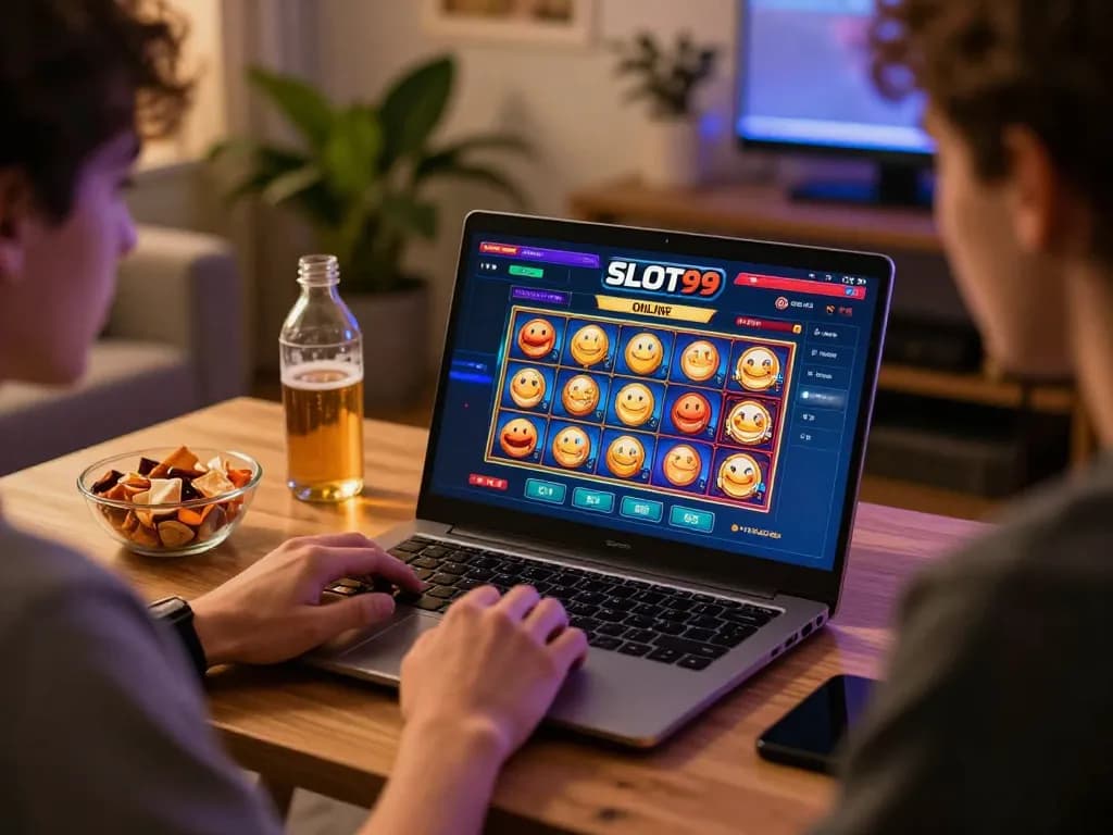 SLOT99 player enjoying online slots on a laptop in a cozy living room.