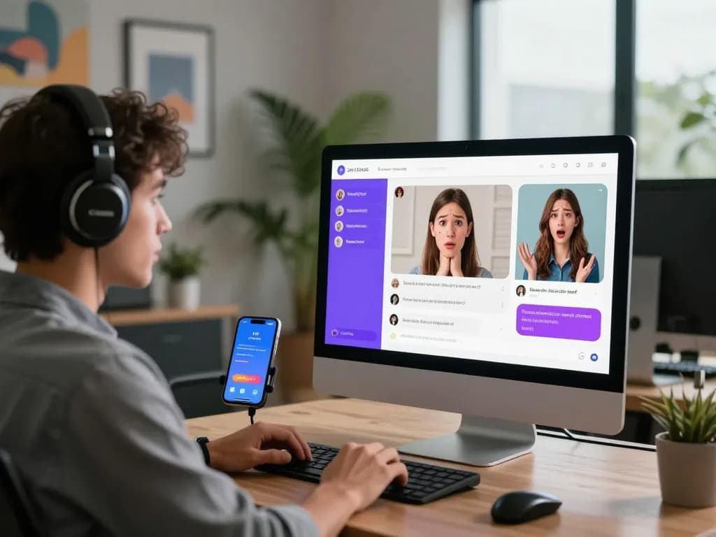 User interacting with ai sex chat on a sleek computer, showcasing engaging AI conversation and emotional connection in a stylish workspace.