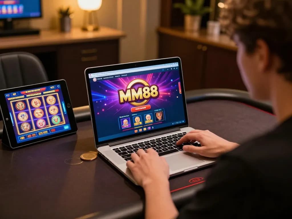 Player engaging in online gaming at MM88 casino with laptop and tablet