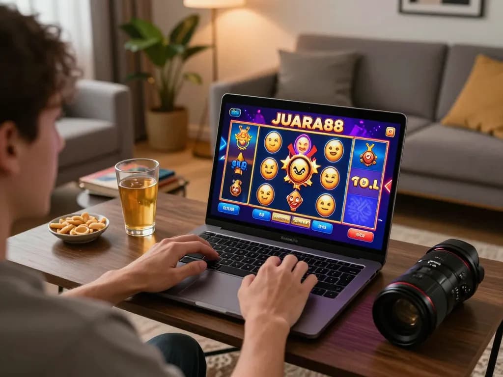 Engaging online gaming scene with JUARA88 slot game on laptop, depicting a cozy and responsible gambling environment.