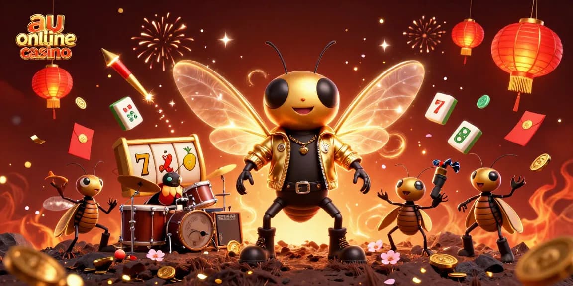 Experience the excitement of au online casino with a vibrant 3D scene featuring a cicada rock star and dynamic game elements.